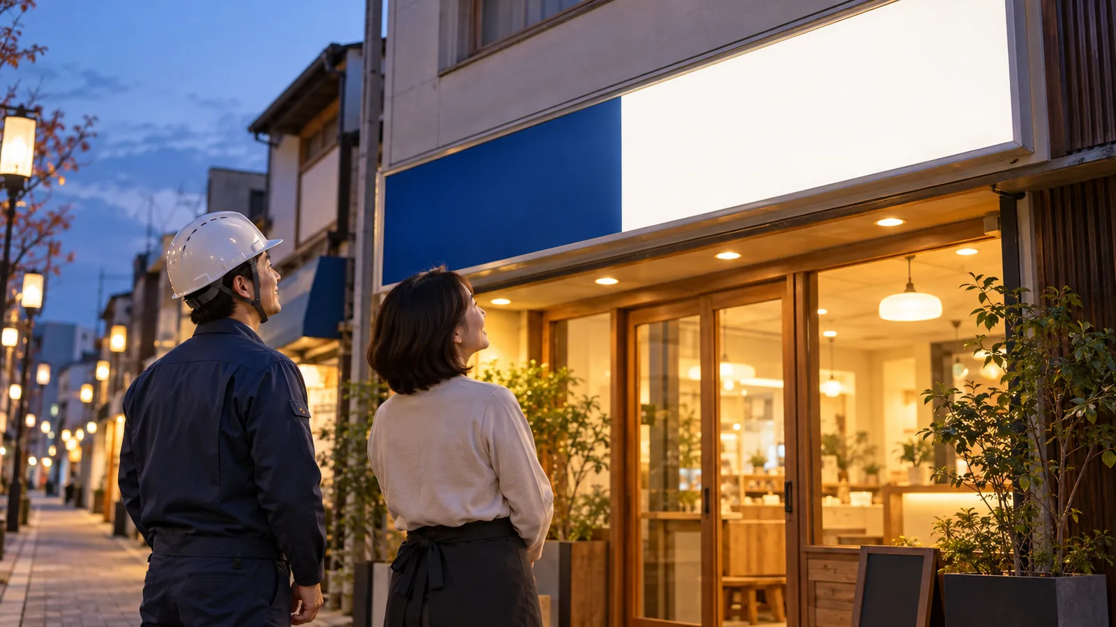 夕方の店の前の歩道で、ビジネスカジュアルの店主の女性と紺の作業着の作業員の男性が、作り替えて均一に明るく光る無地の壁面看板を、少し離れて並んで見上げている様子を、2人の斜め後ろから写した写真。2人の身体は離れていて、看板の表示面は無地