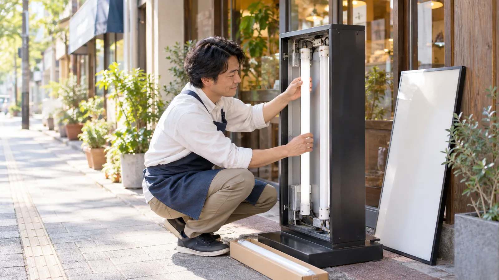 店の前の歩道で、エプロン姿の店主の男性が、表示面を外した無地の電飾スタンド看板の前にかがみ、中の直管形の蛍光灯を両手で外している様子を、少し離れた横から目の高さで写した写真。昼の明るい商店街で、看板の表示面は無地