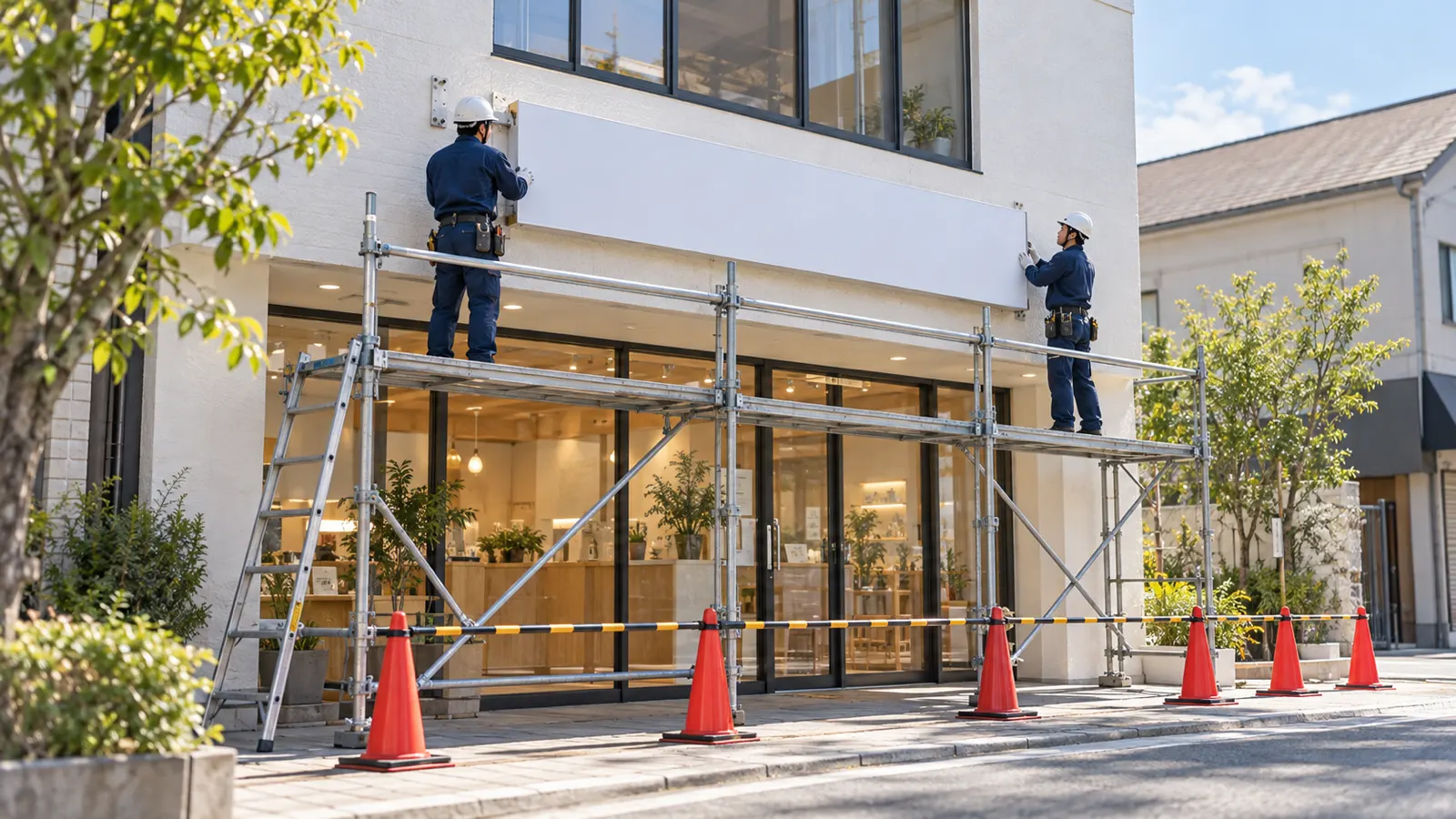 2階建ての店舗の外壁に、紺の作業着の作業員2人が足場の上で無地の横長の看板を取り付けている様子を、通りの斜め向かいから少し離れて写した写真。足元の歩道は囲われ、看板には文字が入っていない