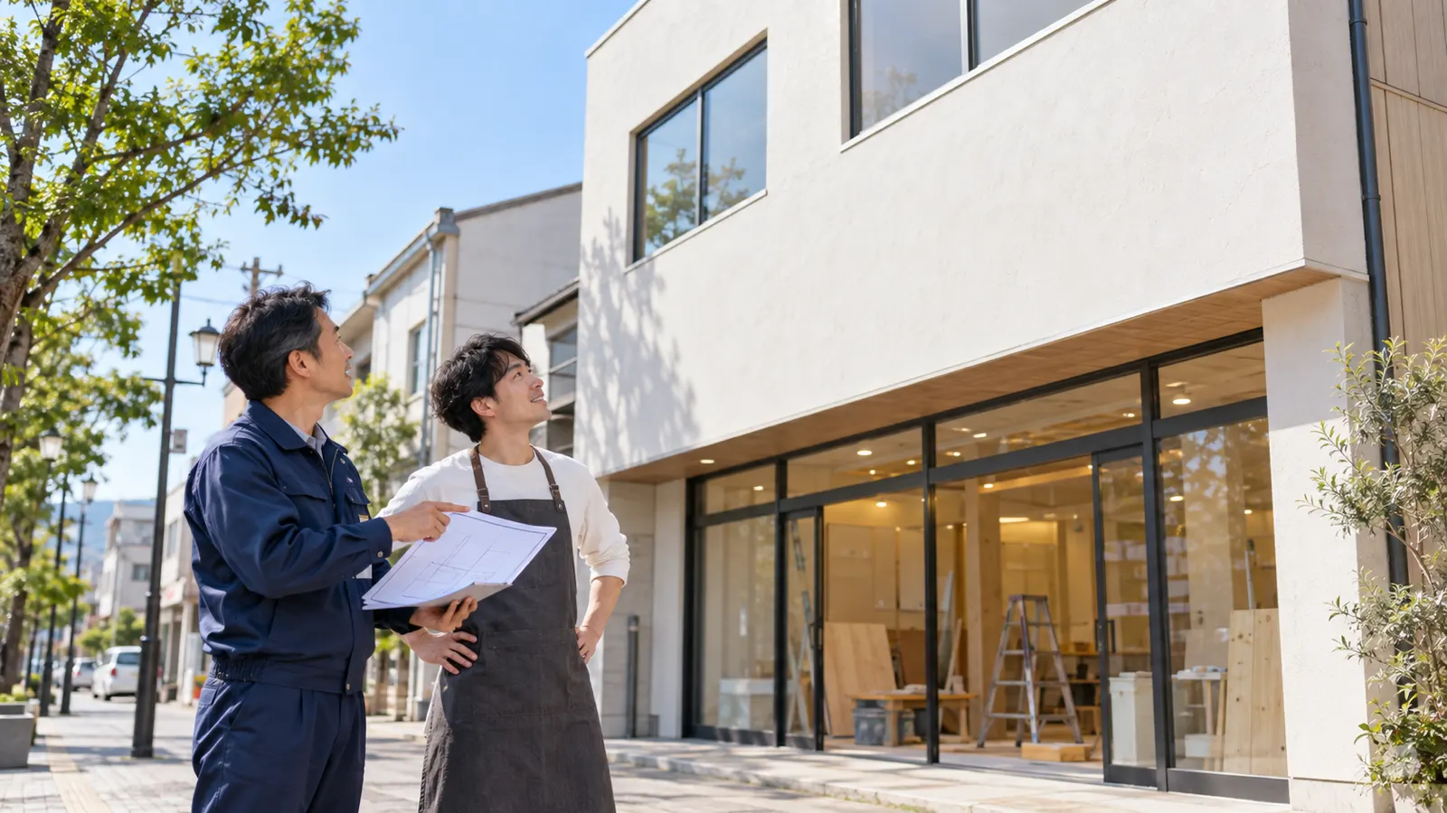 店先の歩道で、紺の作業着の看板の会社の担当者と、エプロン姿の店主が並んで店の外壁を見上げ、担当者がクリップボードの図面を指している様子を、少し離れた横から写した写真。外壁と図面に文字は写っていない
