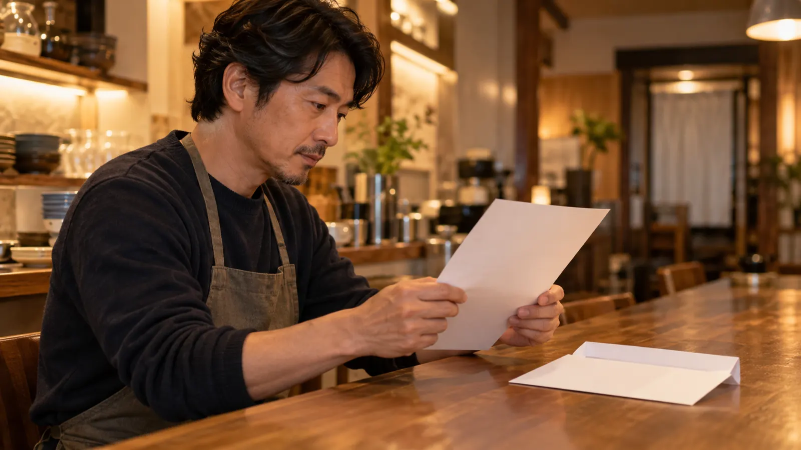 閉店後の店内のカウンターで、店主の男性が届いた封書を開いて書類を読んでいる手元と横顔を、近い距離で写した写真。封筒と書類は無地で、文字は写っていない