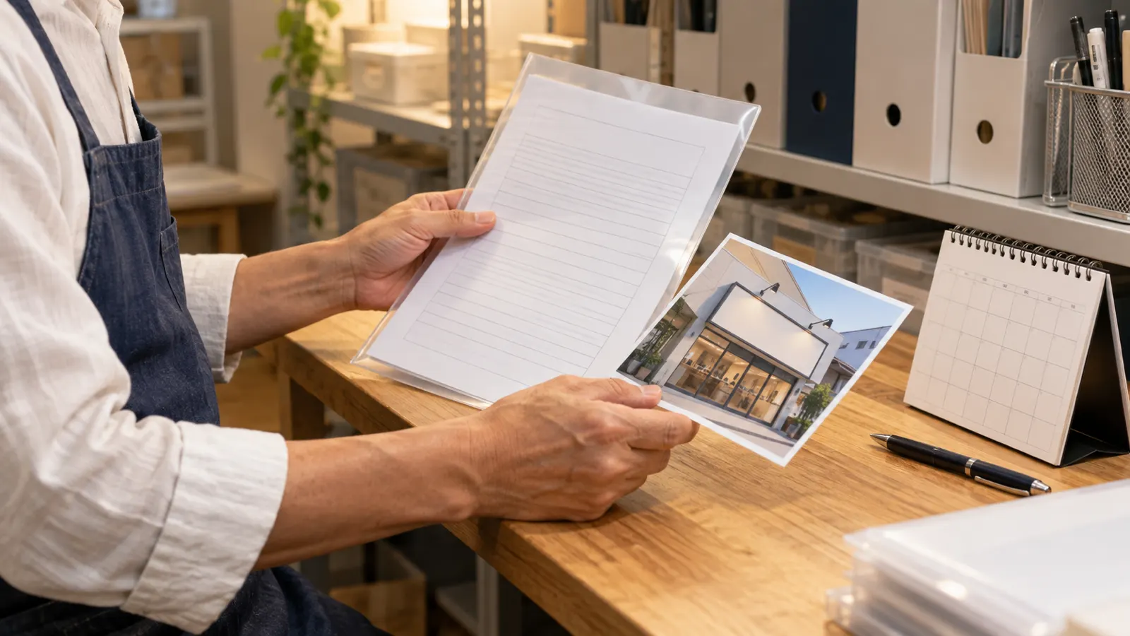 店舗のバックヤードの棚の前で、店主の男性がクリアファイルに入った許可書の控えと看板の写真を見比べている手元を、横から近くで写した写真。書類と写真は無地で、文字は写っていない