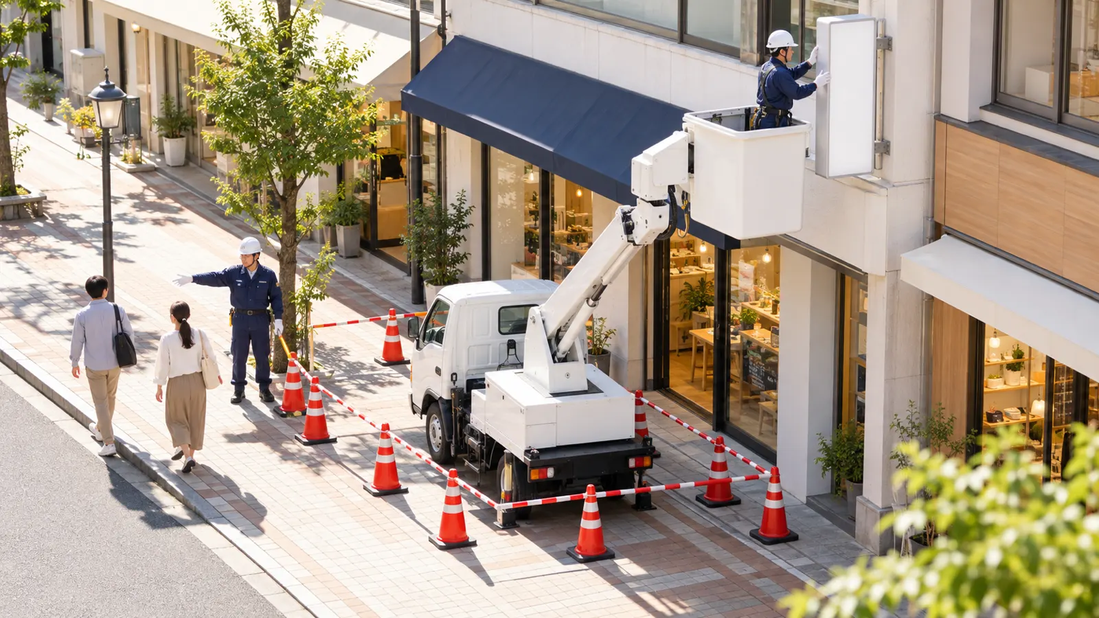 商店街の歩道の一角をカラーコーンで囲い、高所作業車のバケットに乗った作業員が2階の外壁で作業し、歩道では誘導員が歩く人を案内している様子を、向かいの建物の2階ほどの高さから見下ろした写真。看板は無地で文字は写っていない
