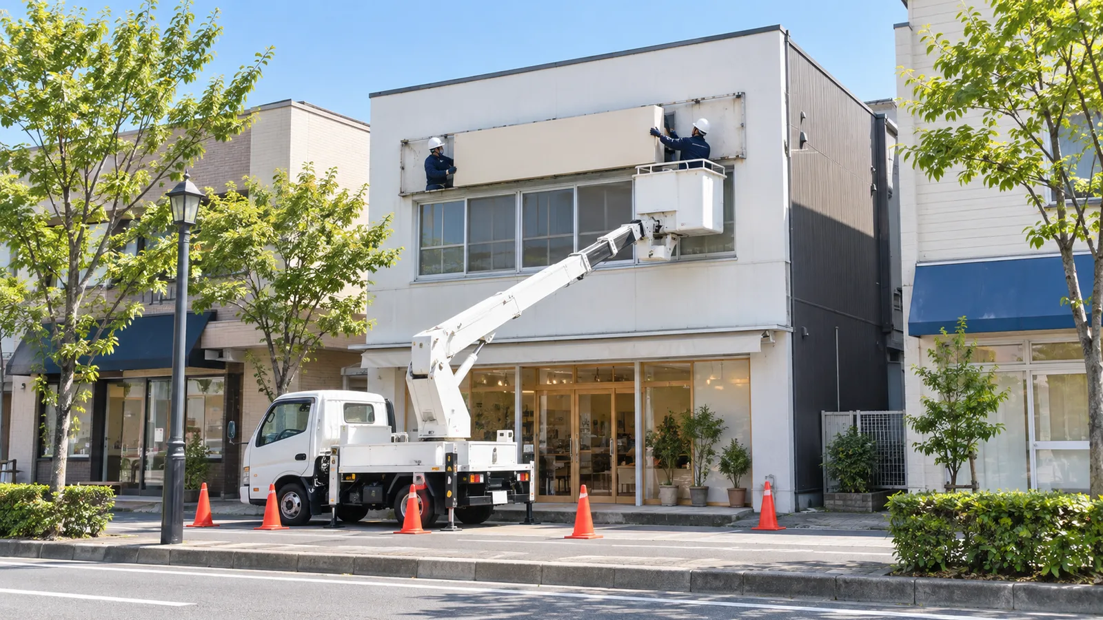 店舗の2階の外壁に付いた古い看板を、高所作業車のかごに乗った紺の作業着と白いヘルメットの作業員2人が外している様子を、通りの向かいの歩道から写した写真。作業車のまわりには三角コーンが置かれ、通りの奥はぼけている
