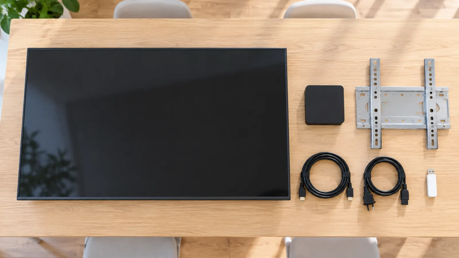 木の机の上に、業務用の液晶ディスプレイ、手のひらほどの小さな再生機、壁掛けの金具、ケーブル類を並べて置いた様子を、真上から写した写真。人物は写っていない