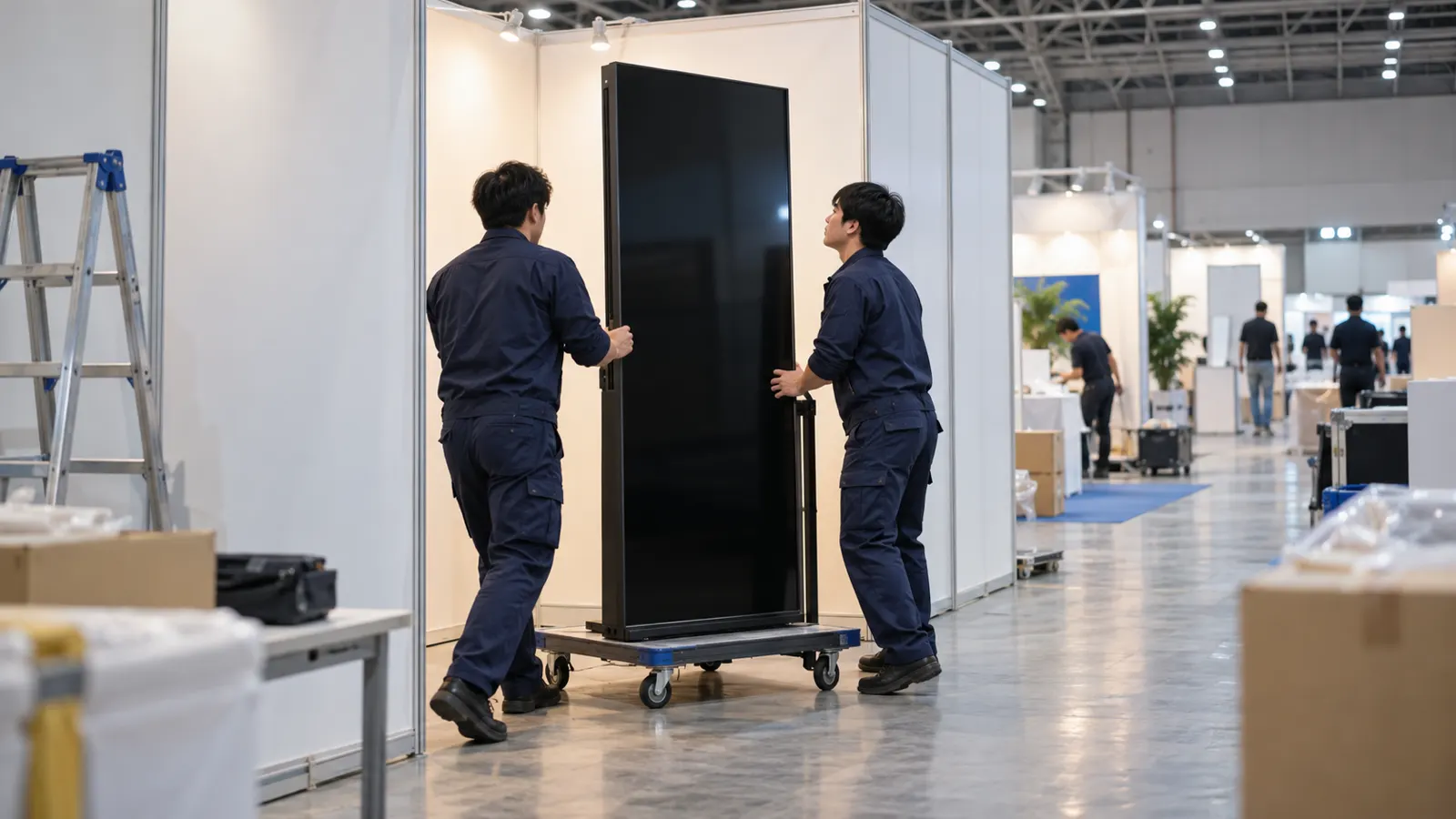 展示会の会場で、スタッフ2人が台車に載せた自立式のLEDサイネージをブースの中へ運び込んでいる様子を、通路から少し離れて写した写真。周りでは他のブースの設営が進んでいる