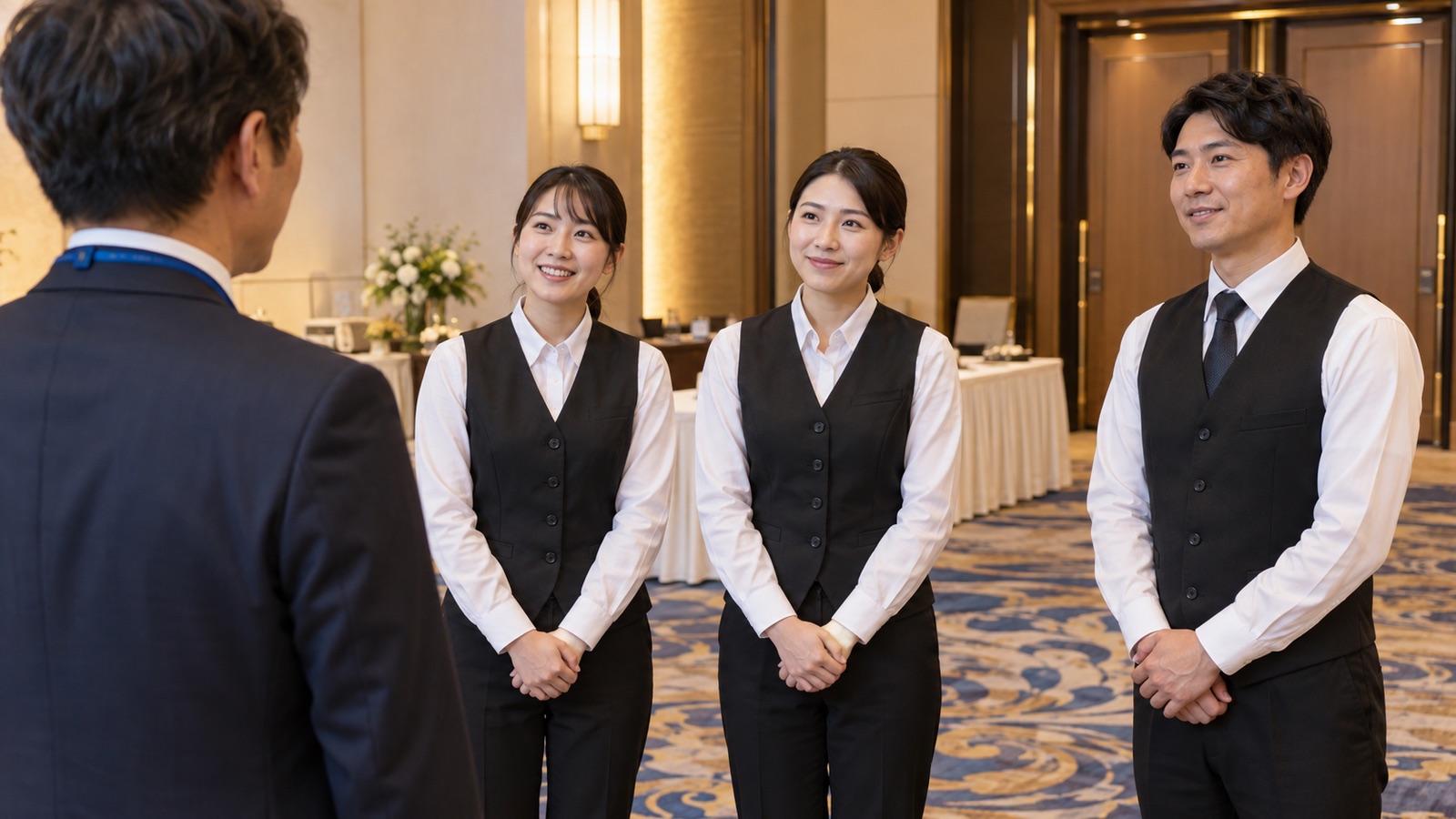 開場前のホテルのホワイエで、依頼側の社員が、そろいの黒いベストの派遣スタッフ3人に当日の持ち場を説明している