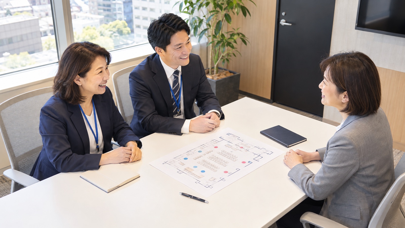 会議室で、依頼側の社員2人と派遣会社の担当者が会場図を広げて事前打ち合わせをしている