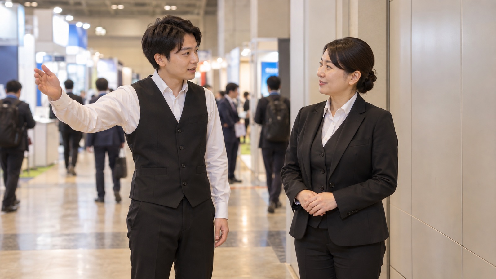 展示会場の通路の脇で、派遣スタッフが会場の奥を示しながら、現場の責任者に気づいたことを早めに報告している