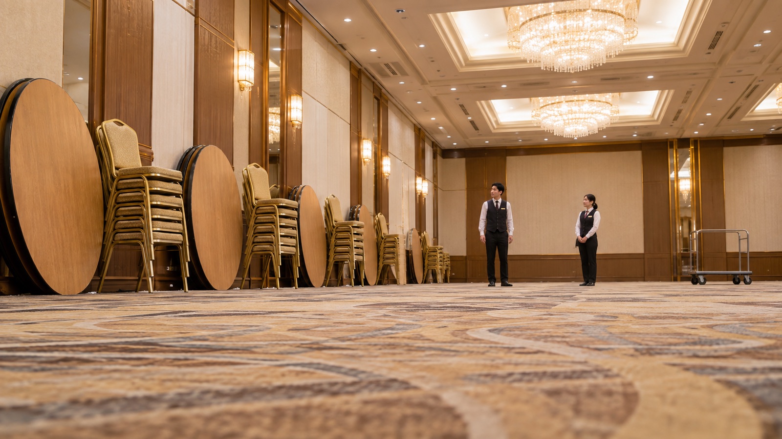 懇親会のあと、テーブルの天板と椅子を壁際に片付け終えた宴会場で、派遣スタッフ2人が最後の確認をしている