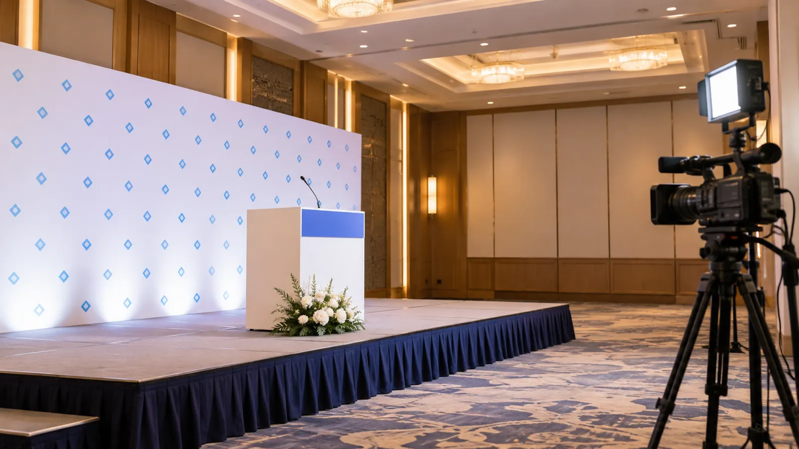 記者発表の本番前、バックパネルと演台だけを置いた簡素なステージを、配信用のカメラの横から見た様子