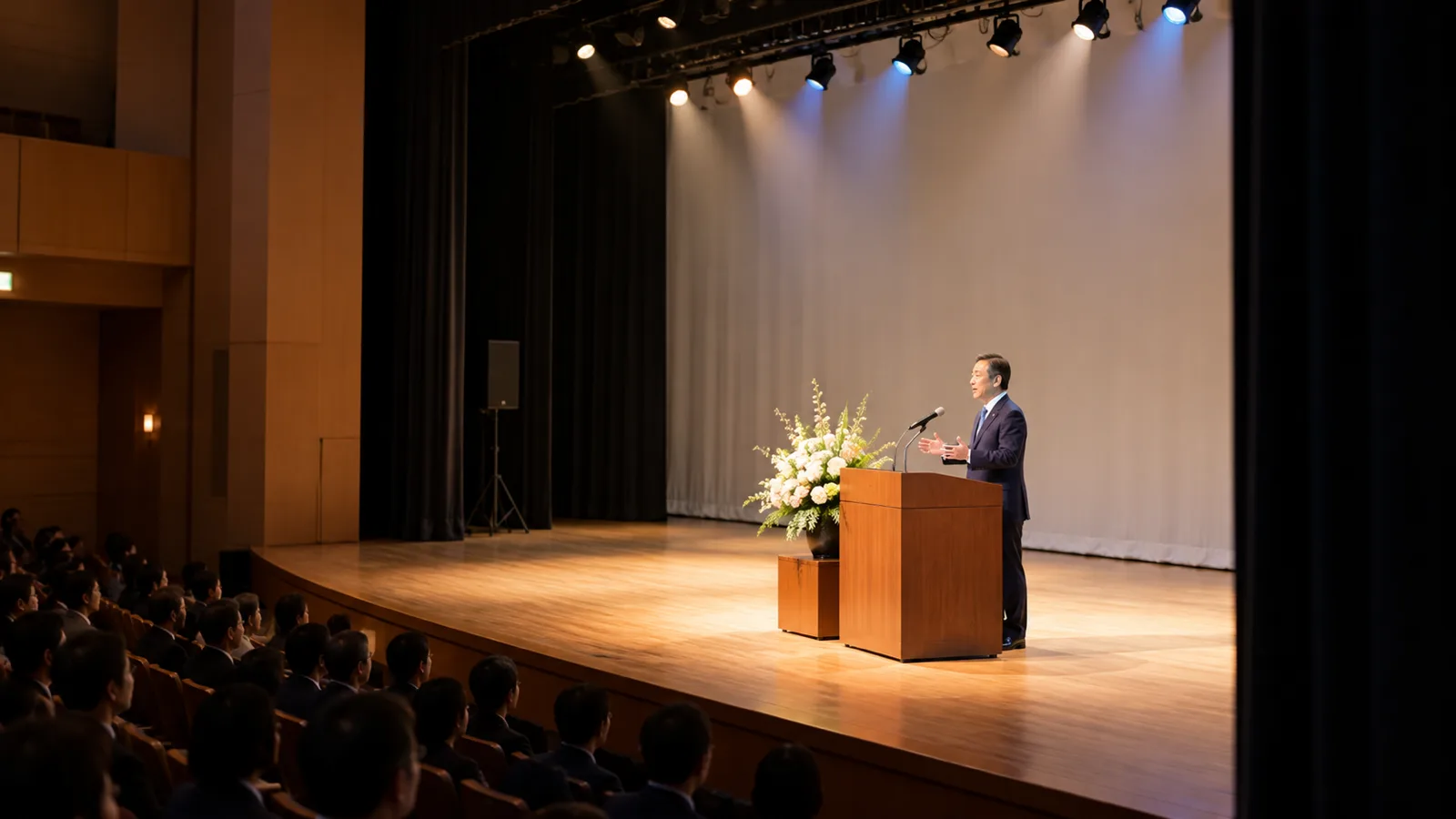 ホールのステージで行われている式典で、演台の前に立つスーツ姿の登壇者に前からスポットライトが当たり、ステージの上に照明の骨組みと、その脇に音響のスピーカーが見える様子を、ステージの袖の少し高い位置から斜めに写した写真。客席は暗く、前列の人の頭が小さく見えている