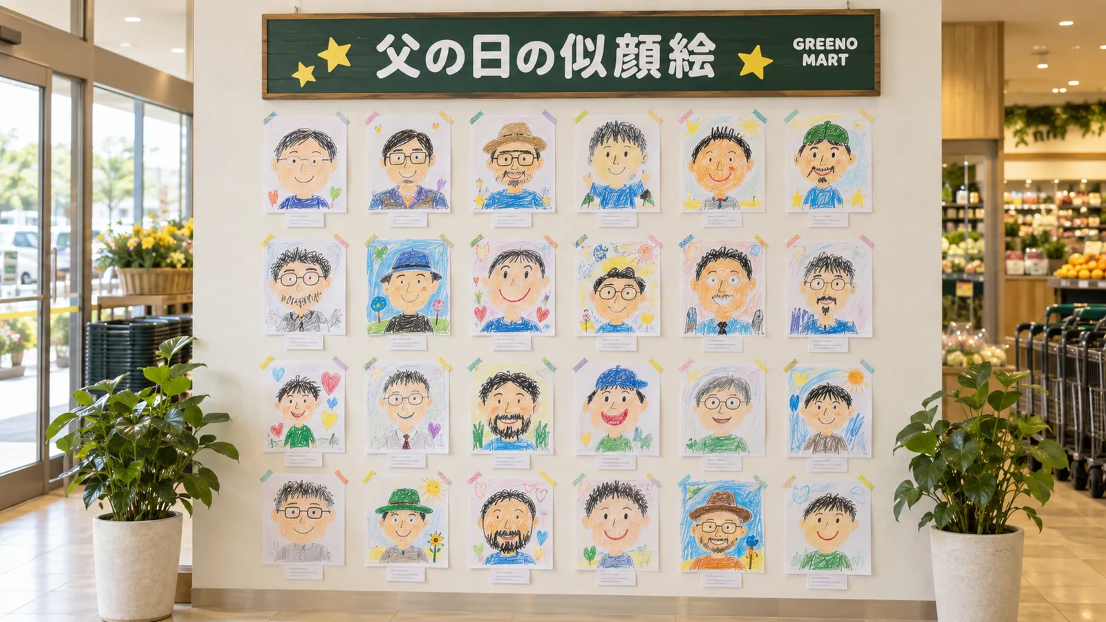 スーパーの入口近くの壁に、子どもたちが描いたお父さんの似顔絵がたくさん貼られている掲示コーナーを、正面から写した写真