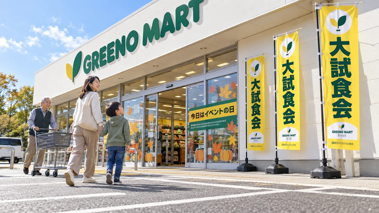スーパーの駐車場側の入口の前に、のぼりが3本並び、入口のガラス面に季節の装飾とイベントの案内が貼られている様子を、駐車場の低い位置から写した写真