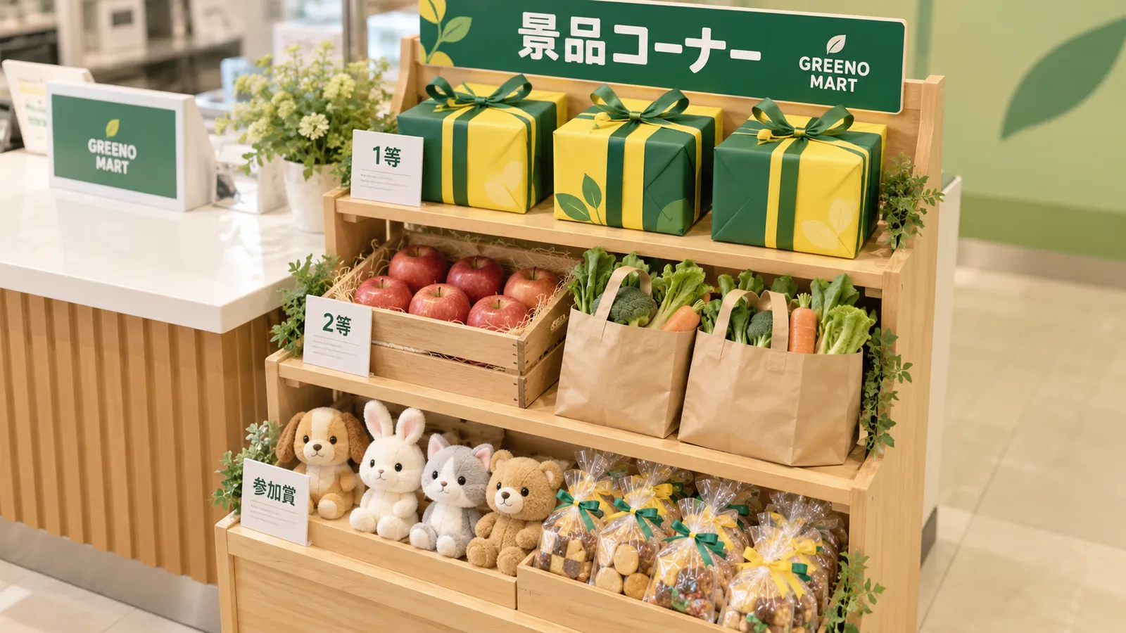 スーパーのサービスカウンターの横に置いた景品台に、お菓子の詰め合わせや野菜の箱、小さなぬいぐるみが段ごとに並べられている様子を、斜め上から写した接写