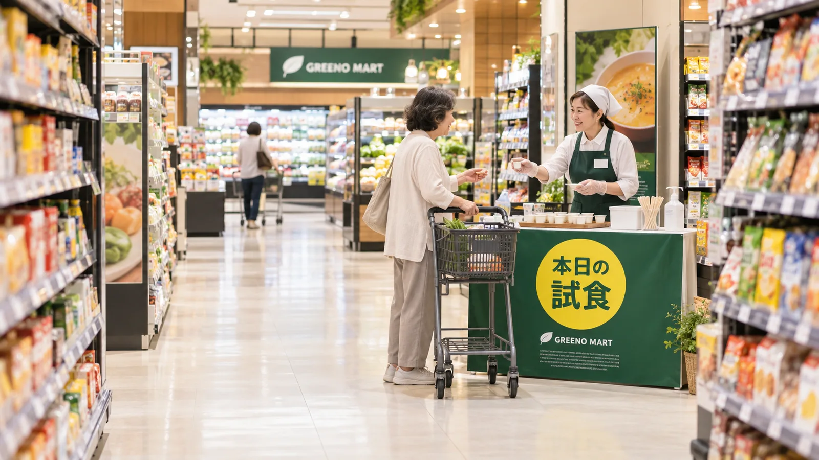 スーパーの食品売場の通路の端に置いた試食台で、エプロン姿のスタッフが小さなカップに取り分けた試食を、カートを押す買い物の方に差し出している様子を、通路の奥から写した写真
