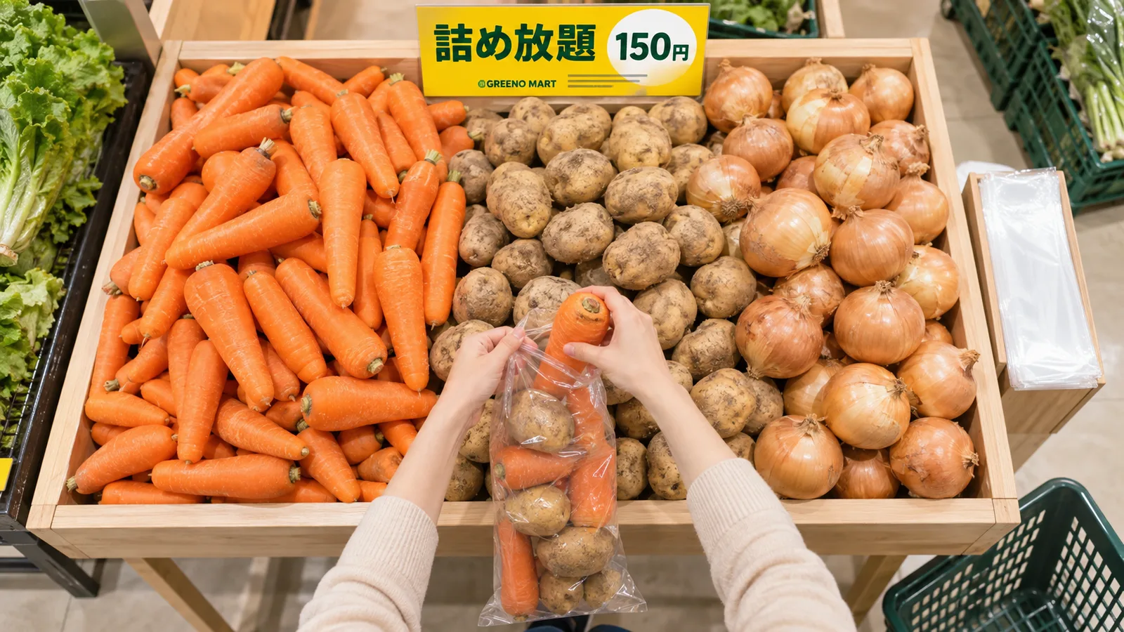スーパーの青果売場の台の上で、透明な袋ににんじんとじゃがいもを詰めている手元を、真上から写した写真