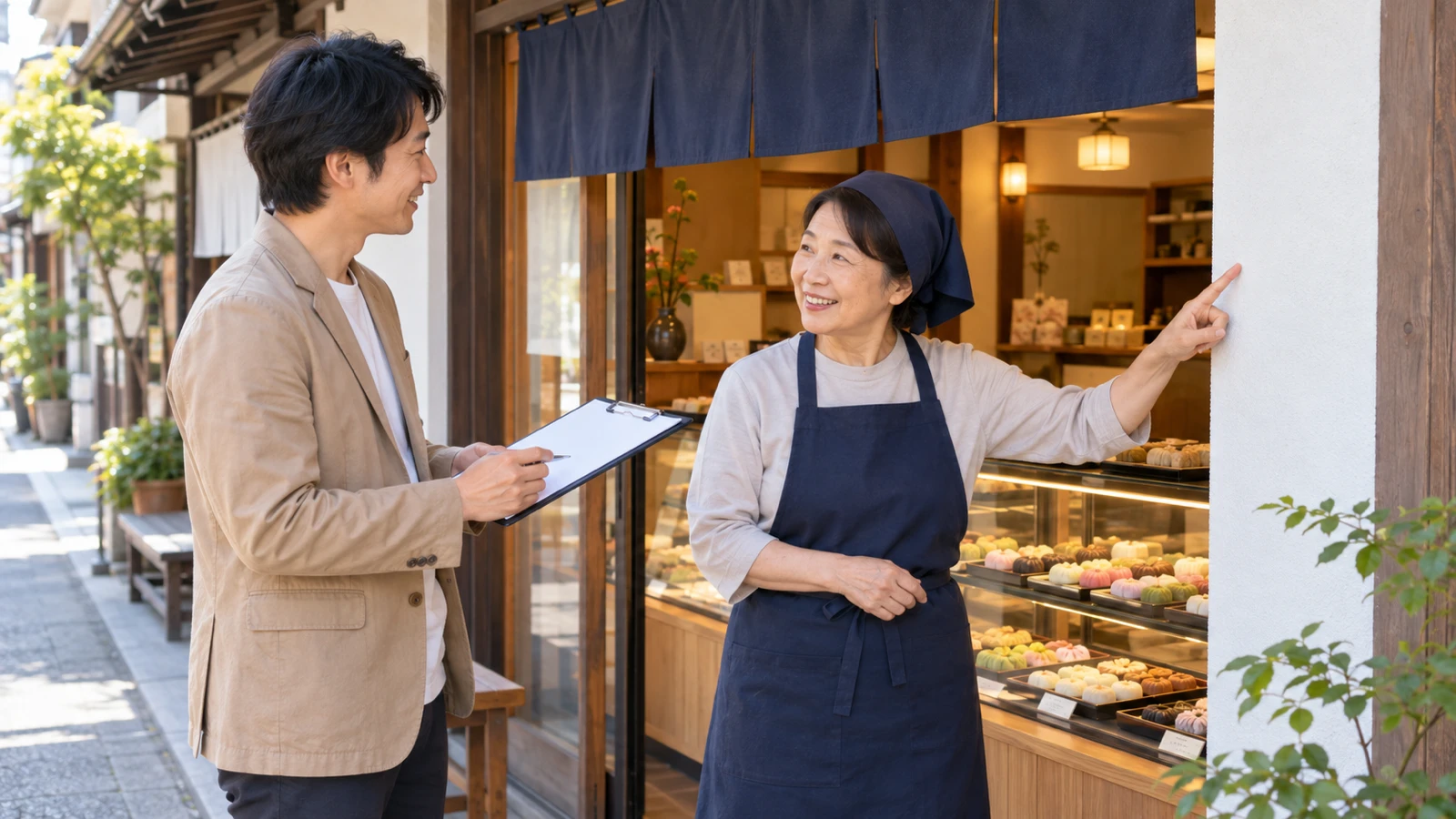 商店街の和菓子店の店先で、エプロン姿の年配の女性店主と、ジャケット姿の30代の男性の商店会の役員が、男性が手にしたクリップボードの紙をいっしょに見ながら、店の入口脇の壁を指さして話している様子を、目の高さから横向きに中くらいの距離で写した写真