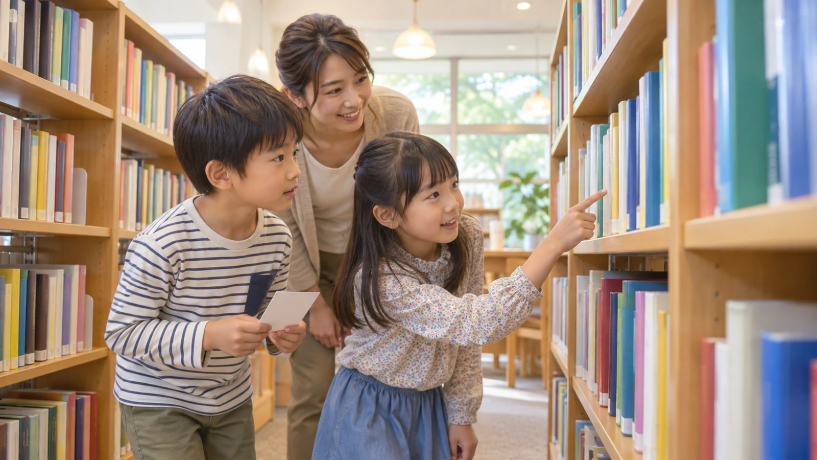図書館の本棚の間の通路で、小学生の男の子と女の子と大人の女性の3人のチームが、背表紙をのぞき込みながら1冊の本を探している様子を、子どもの目の高さの低い位置から写した写真