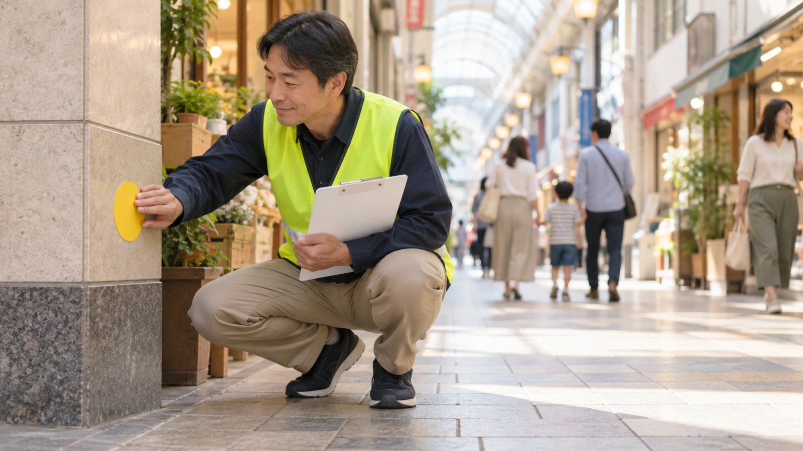 商店街のアーケードの下で、蛍光色のベストを着た男性スタッフが、店先の柱の低い位置に貼られた目印のパネルの角をしゃがんで押さえ直している様子を、地面に近い低い位置から斜めに写した写真。背景に買い物をする人がぼけて写っている