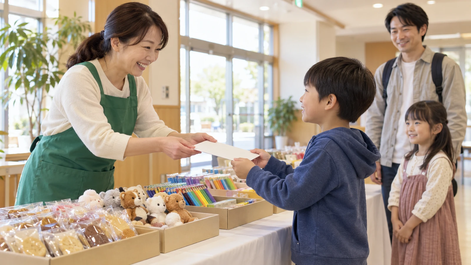 公民館の入口の長机に、お菓子の小袋と小さなおもちゃの景品が種類ごとに箱に並べられ、エプロン姿の女性スタッフが小学生の男の子から台紙を受け取っている様子を、机の高さから横向きに近めに写した写真