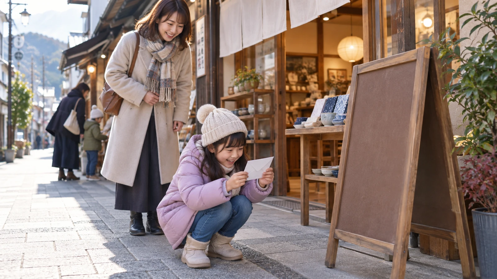 商店街の雑貨店の店先で、木の看板の脚の陰に置かれた小さな白い封筒を、ダウンジャケットを着た小学生の女の子がしゃがんで見つけ、隣で母親が笑顔で見守っている様子を、少し離れた位置から中くらいの距離で写した写真
