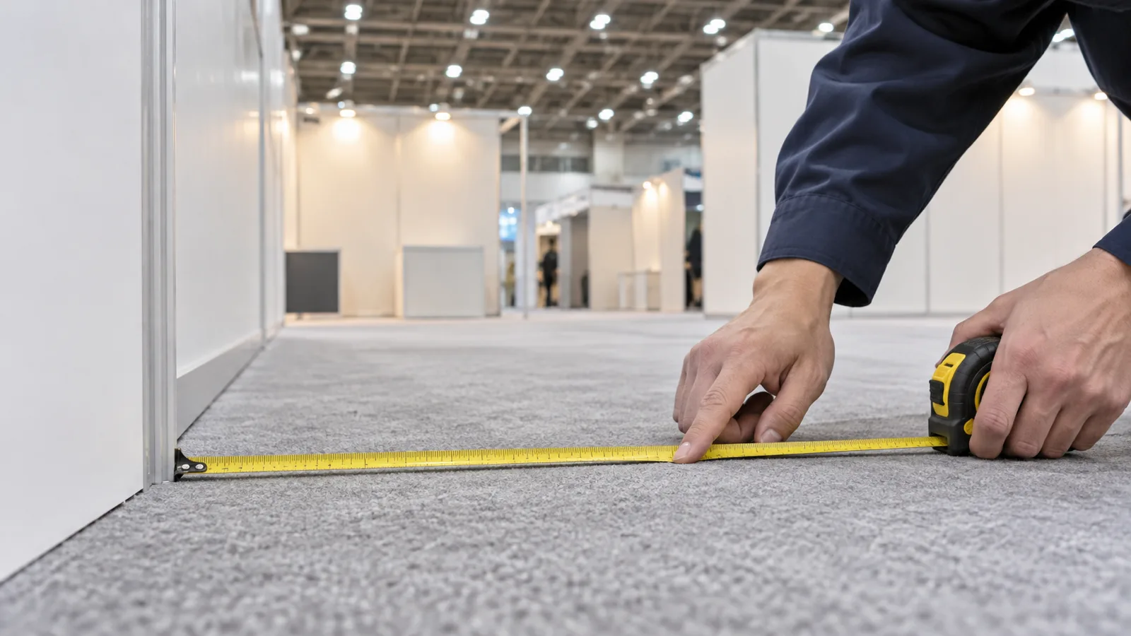 施工前の展示会の小間で、壁パネルの端から床に沿ってメジャーを伸ばし、間口の実寸を測っている手元