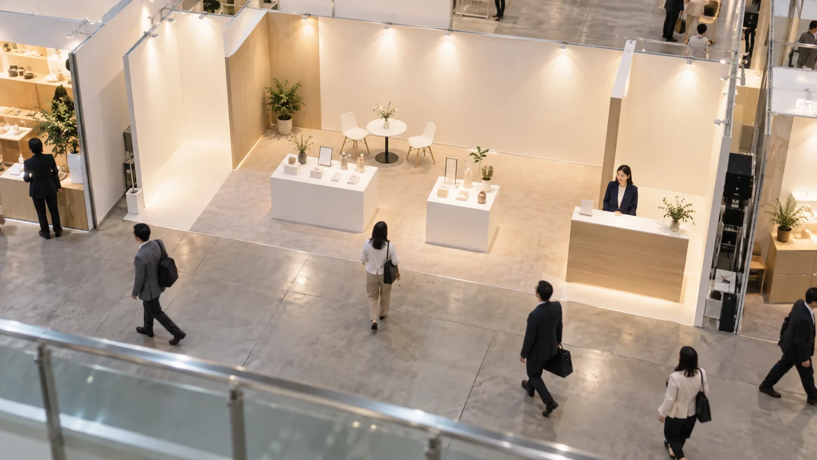 受付カウンターを間口の端に寄せ、通路に面した真ん中を大きく空けた横長2小間のブースを上から見た様子