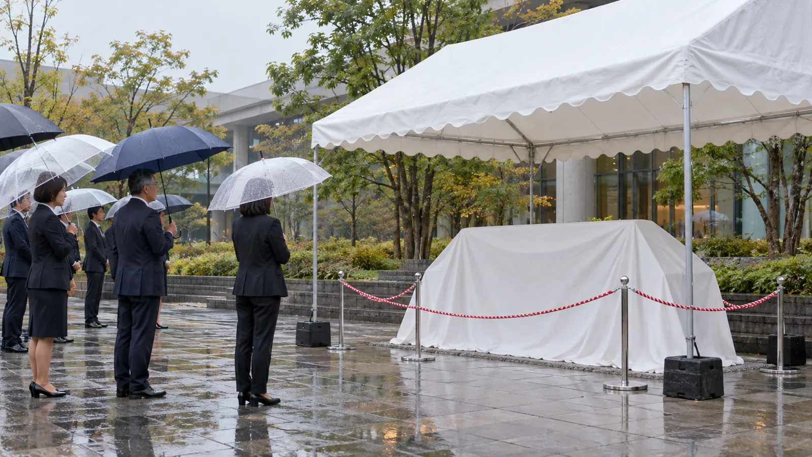 小雨の降る中、白い大きなテントの下に、白い布をかぶせた高さ1mほどの石の銘板が置かれ、テントの外に傘をさした参列者が数人立っている様子を、テントの横から広く写した写真