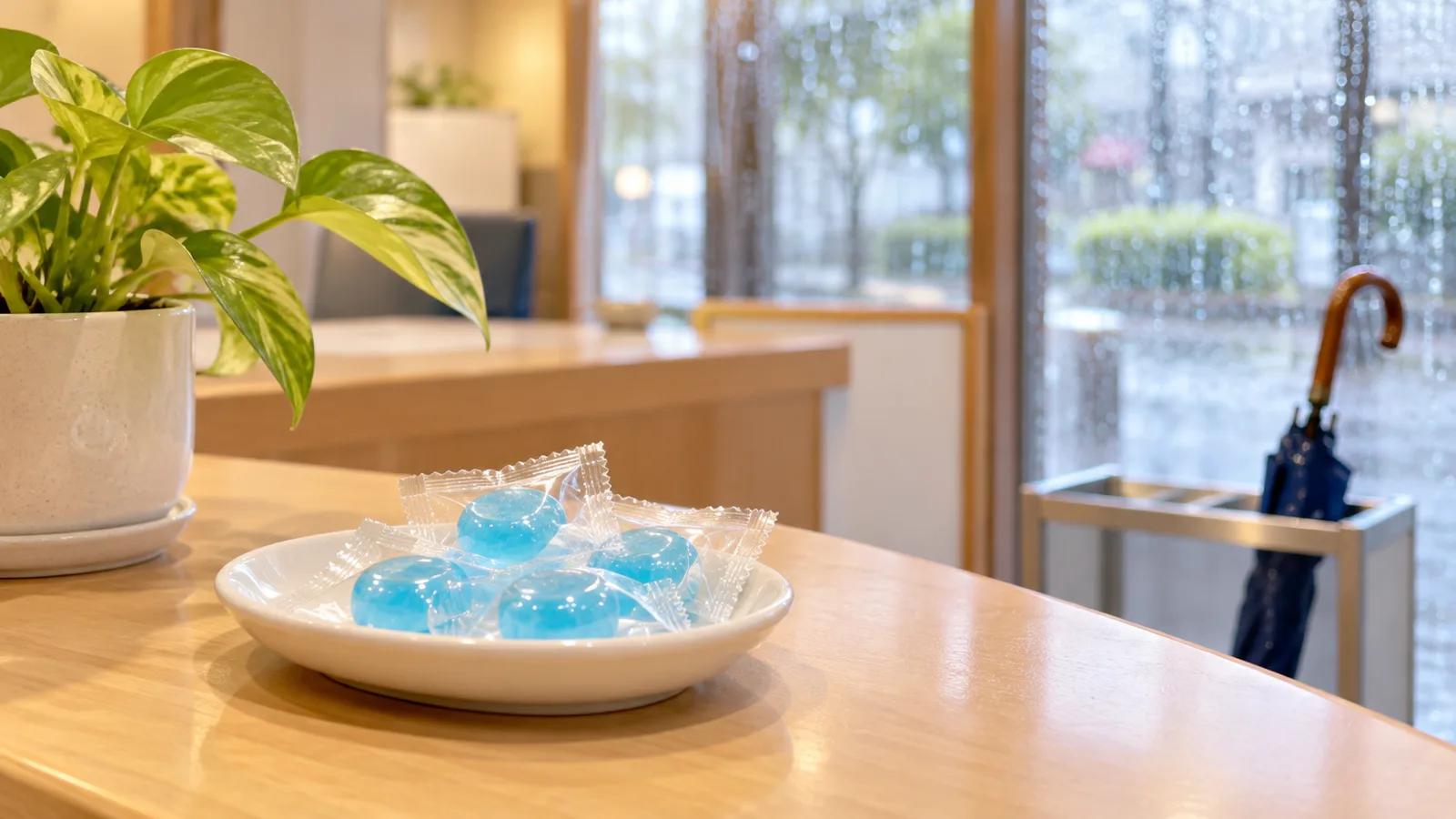 雨の日の明るい窓口のカウンターに、透明な小袋に入った水色の丸いキャンディを数個載せた白い小皿が置かれ、傘立てに濡れた傘が1本立っている様子を、カウンターの高さから接写した写真。奥の窓に雨粒が見え、どこにも文字やロゴは無い