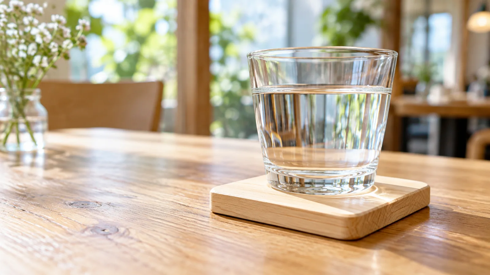 明るいカフェの木のテーブルの上に、淡い色のヒノキのコースターが置かれ、その上にガラスのコップが載っている様子を、テーブルの高さに近い低い位置から斜めに写した接写の写真。コースターの木目がはっきり見え、文字やロゴは無い