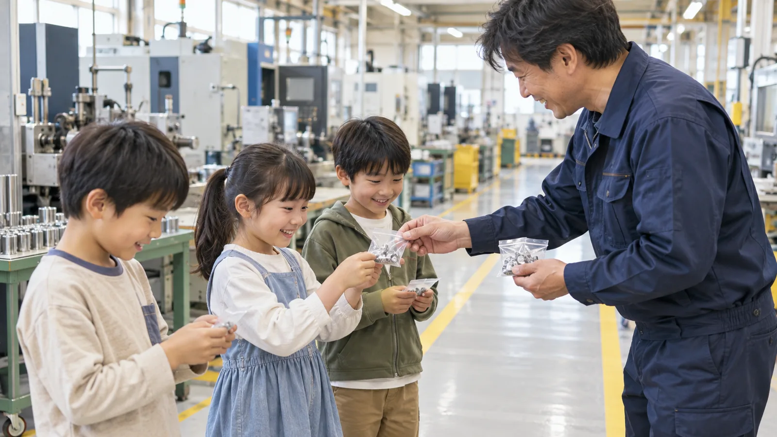 明るい町工場の見学通路で、作業服の社員が、見学に来た小学生の子どもたちに小さな金属の部品の入った透明の袋を1つずつ手渡している様子を、通路の端から少し離れて写した写真。奥に機械が並び、どこにも文字やロゴは無い