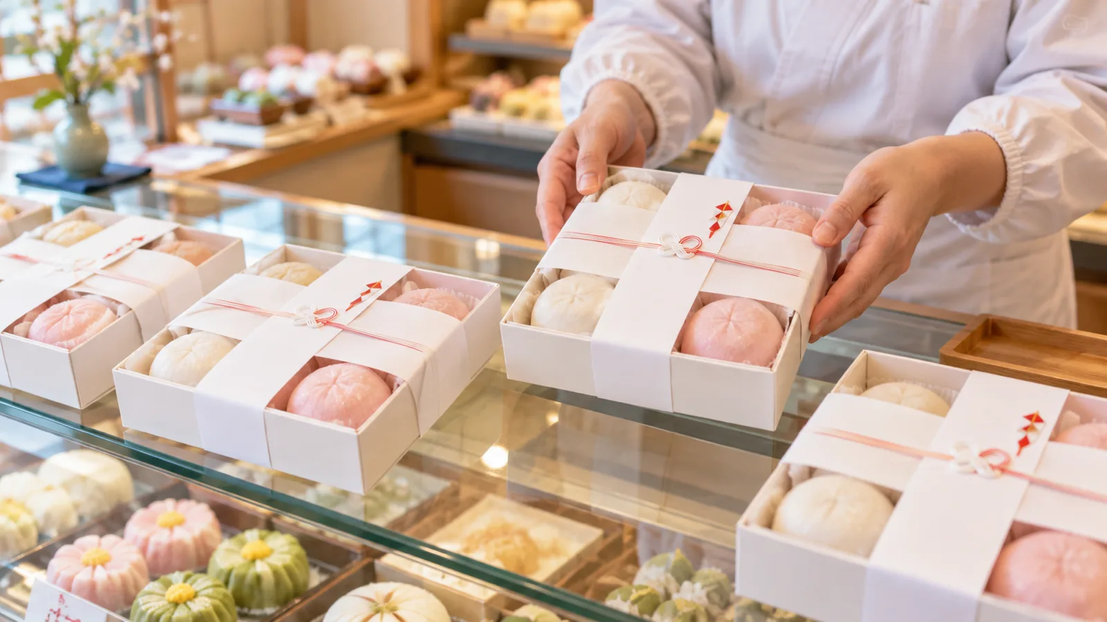 明るい和菓子店のショーケースの上に、白い化粧箱に入った紅白のまんじゅうが並び、店員の手が1箱を持ち上げている様子を、ショーケースの高さから少し斜めに写した写真。箱やのし紙に文字は無い
