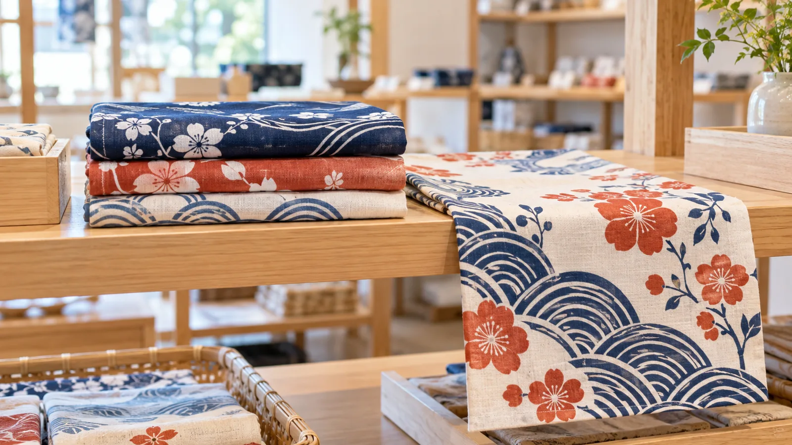 明るい雑貨店の木の棚に、藍色・朱色・生成りの柄の手ぬぐいをたたんで3枚重ね、1枚だけ広げて垂らしている様子を、棚の正面から少し離れて目の高さで写した写真。柄は花と波の模様だけで、文字やロゴは無い。人物は写っていない