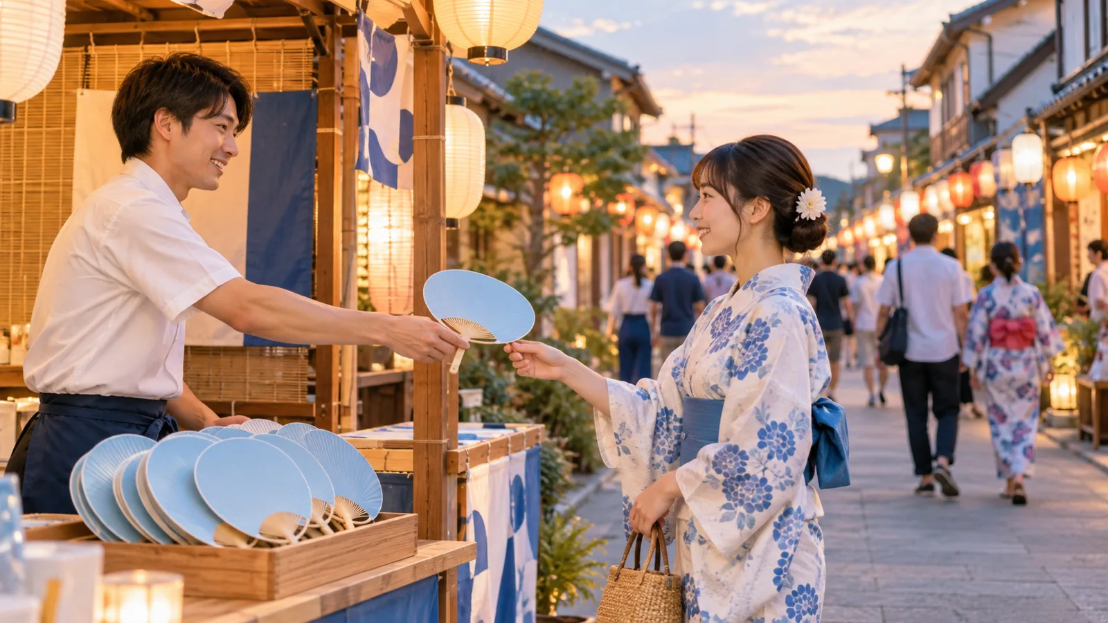 夏の夕方の商店街のお祭りで、法被ではなく普通の半袖シャツを着たスタッフが、浴衣の女性に無地の水色のうちわを手渡している様子を、通りの少し離れた位置から目の高さで広く写した写真。奥に提灯の明かりと人通りが見える。うちわや看板に文字は無い