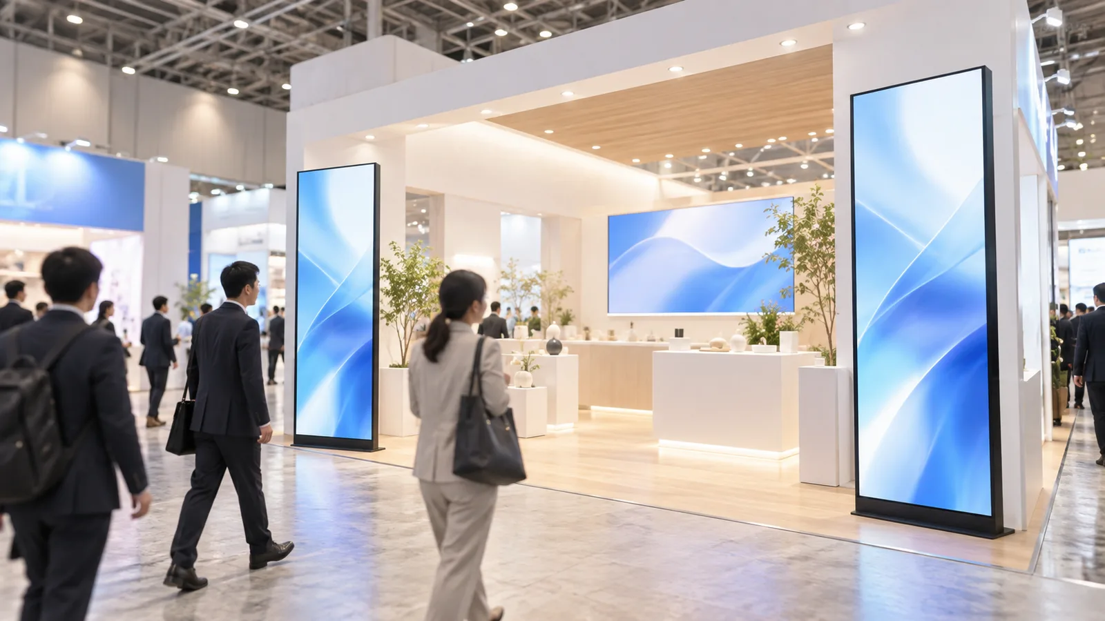 展示会の会場で、ブースの入口の両脇に縦長のLEDポスターが2台立ち、通路を歩く来場者が画面に目を向けている様子を、通路の少し離れた位置から広く写した写真。画面には青と白の抽象的な映像が映り、どこにも文字やロゴは無い